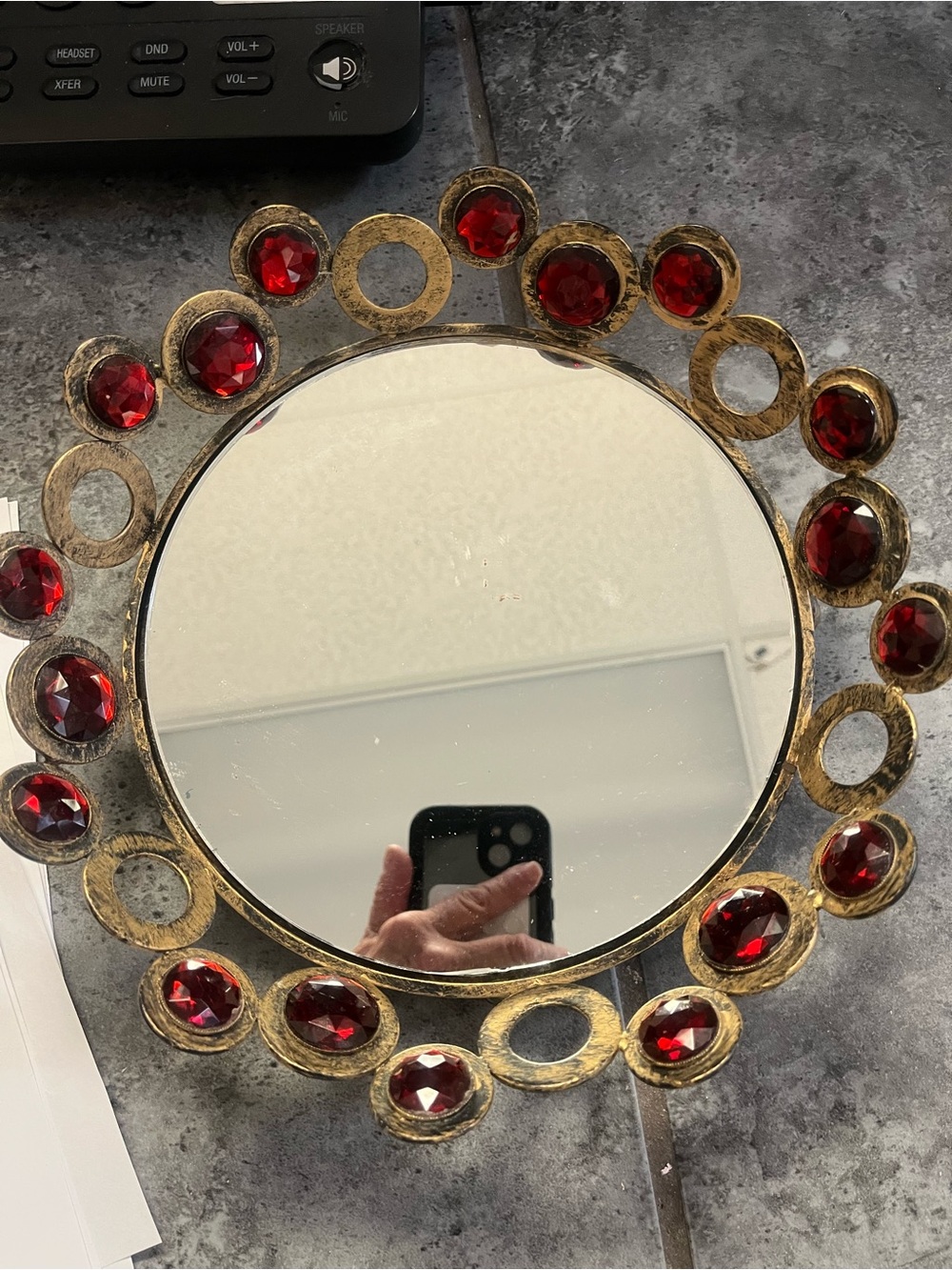 Gold Round vanity mirror with Red Gem Accents